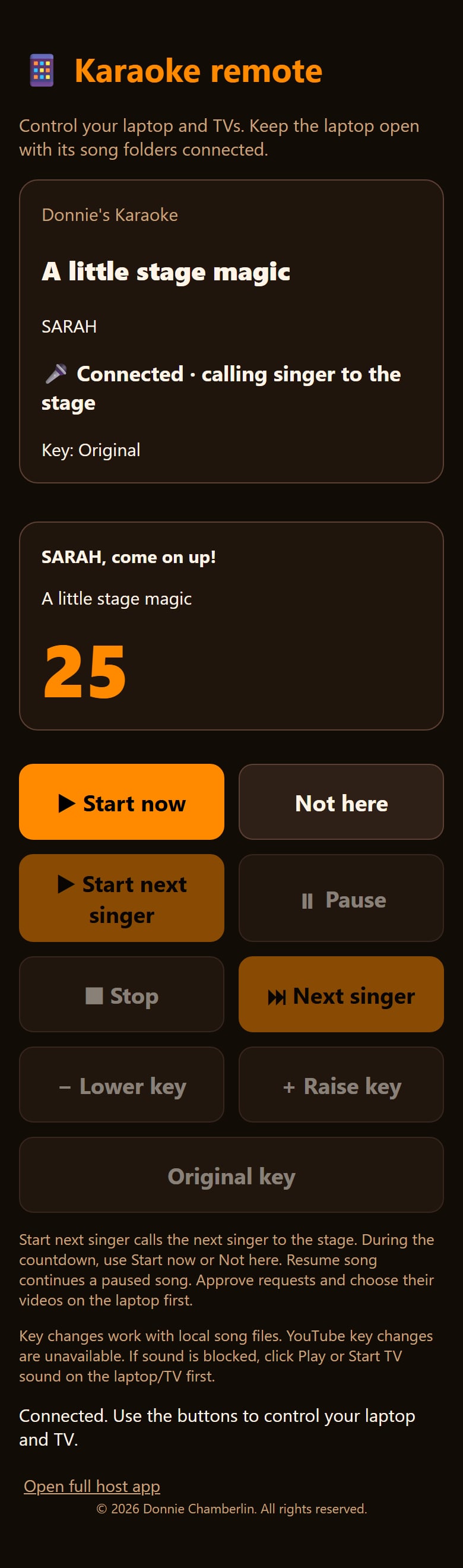 Real phone remote showing Sarah’s countdown, Start now, Not here and laptop playback controls.