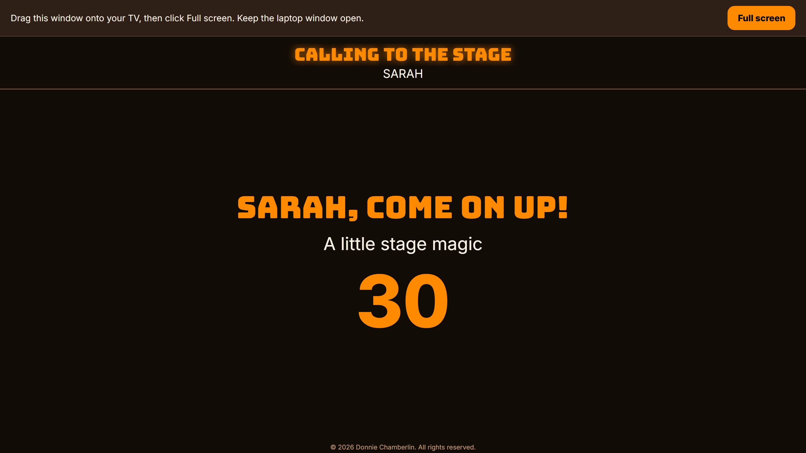 Real TV countdown: SARAH, come on up! with the song name and time before the song starts.